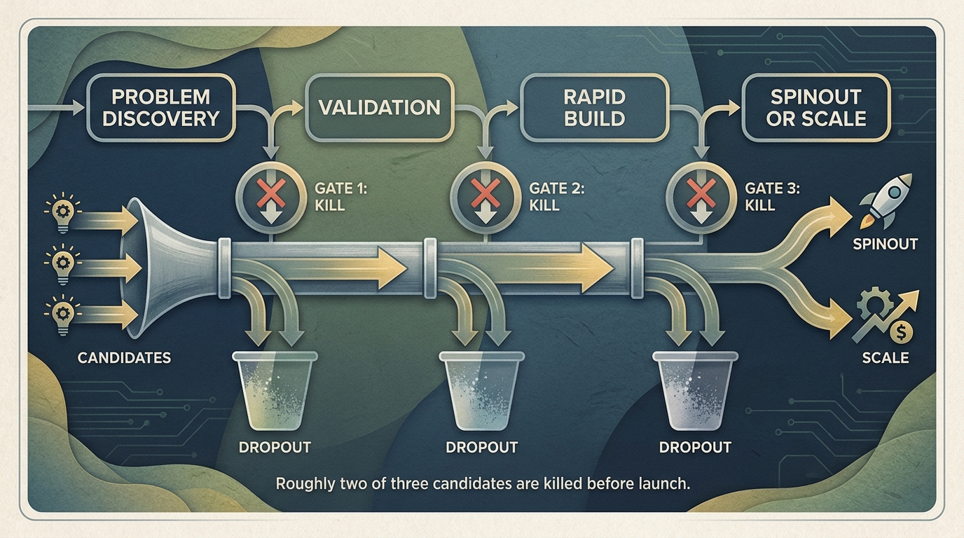 Startup studio pipeline running from problem discovery through validation and rapid build to spinout, with kill gates showing roughly two of three candidates binned before launch.