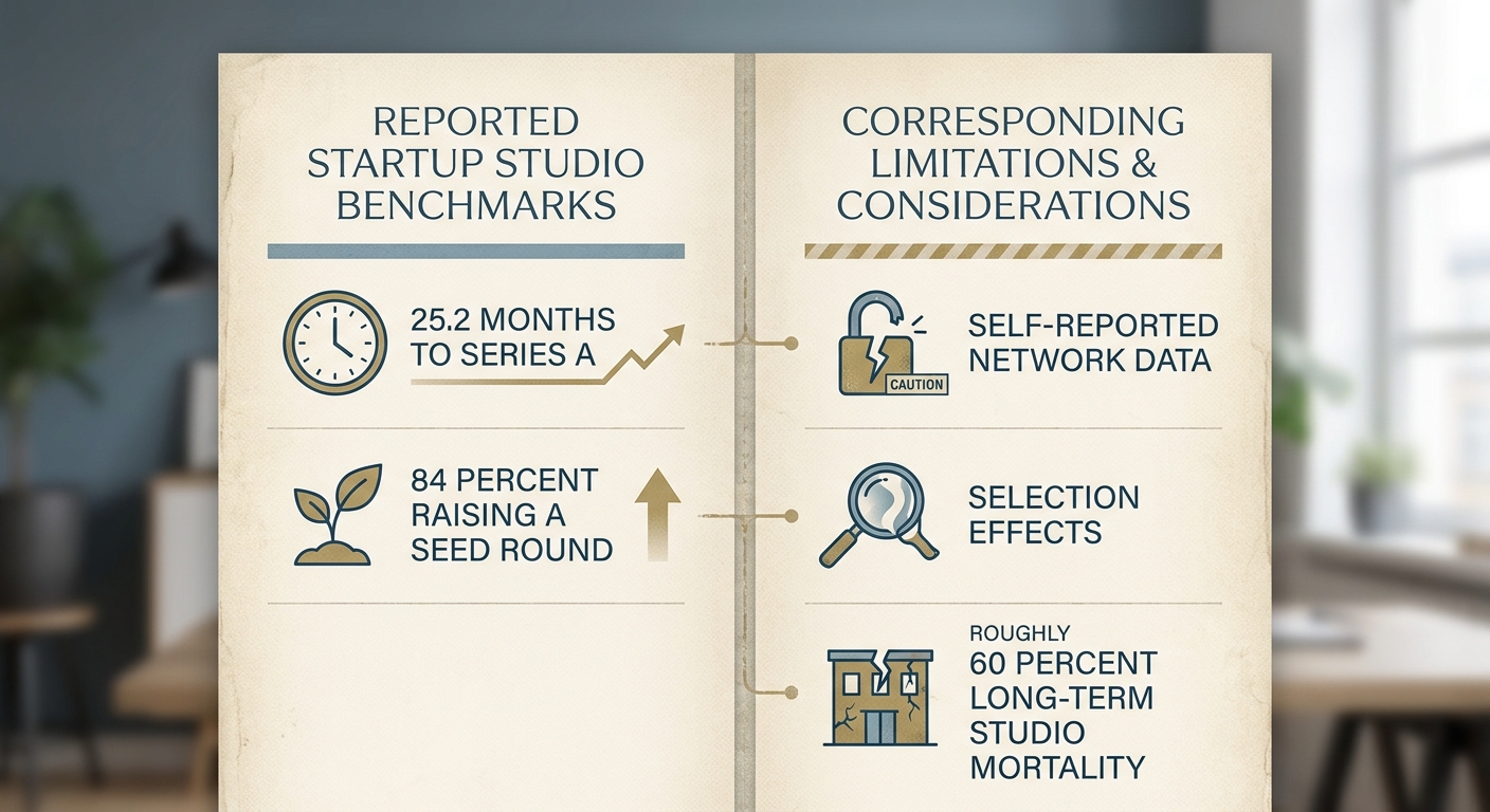 Reported startup studio benchmarks such as 25.2 months to Series A set against their limitations, including self-reported network data and an estimated 60 percent studio mortality over a decade.
