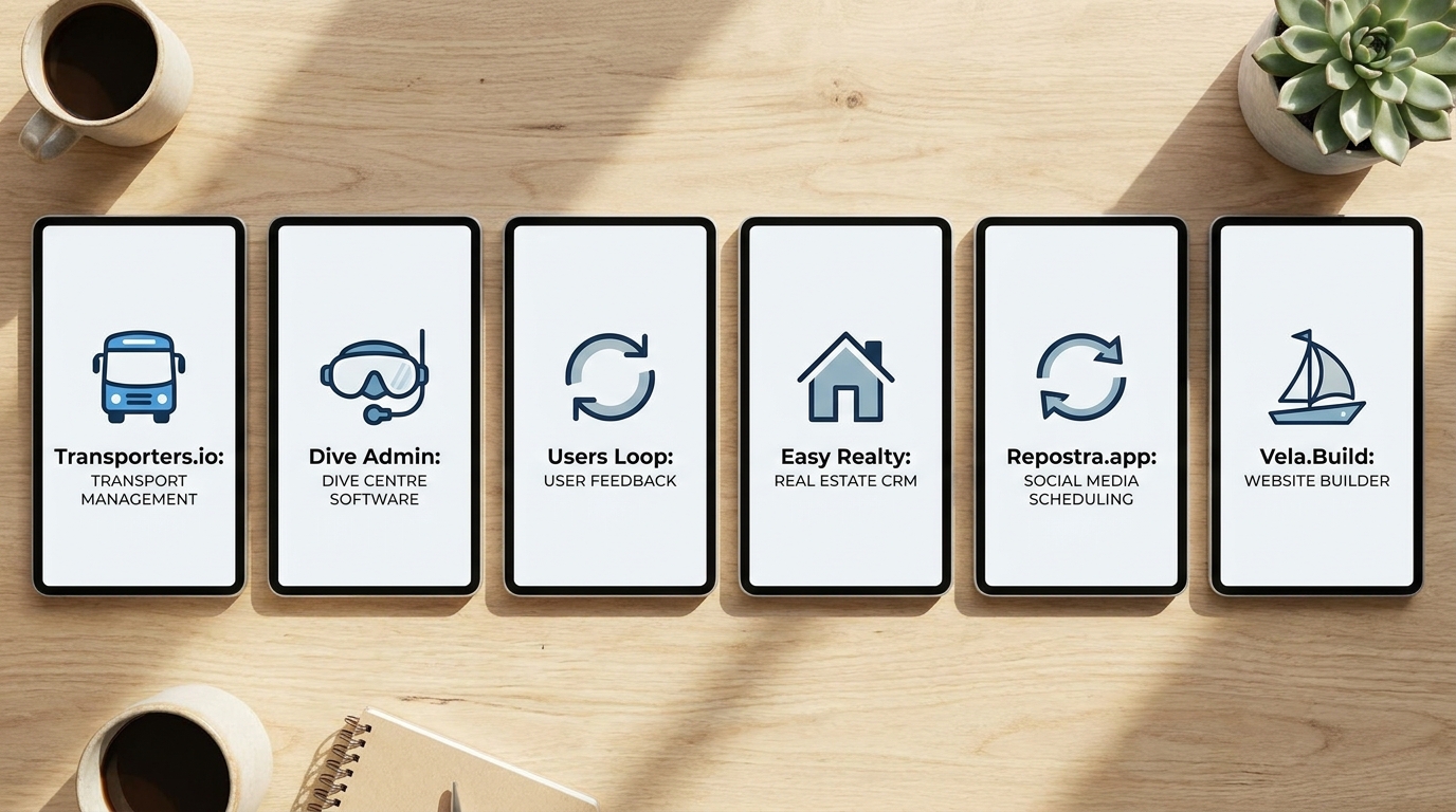 AWcode's vertical software portfolio, including Transporters.io for coach and minibus operators, Dive Admin for dive centres, and Easy Realty for Thai real estate agencies.