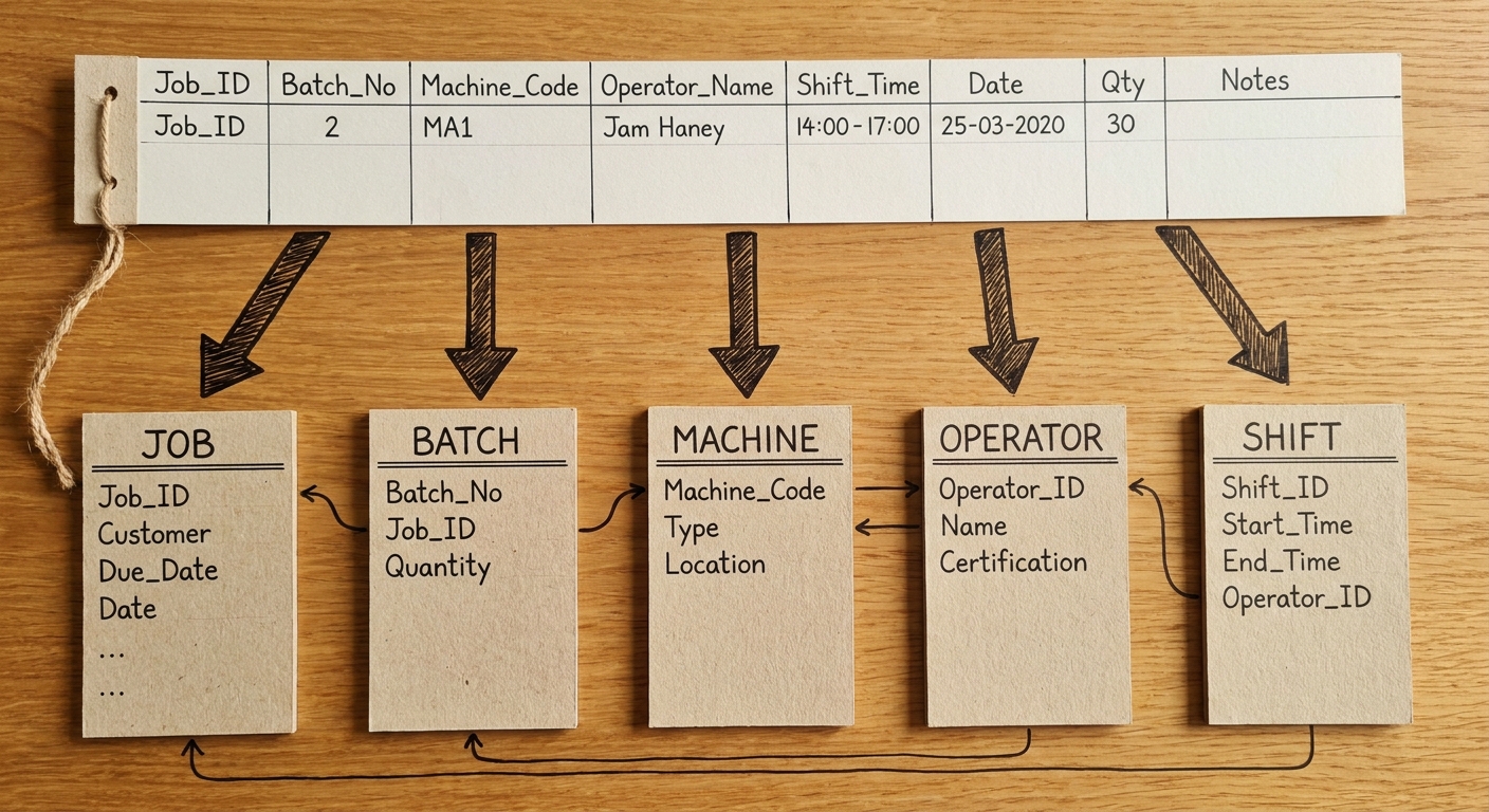 A diagram mapping a flat spreadsheet row to a structured relational database schema.