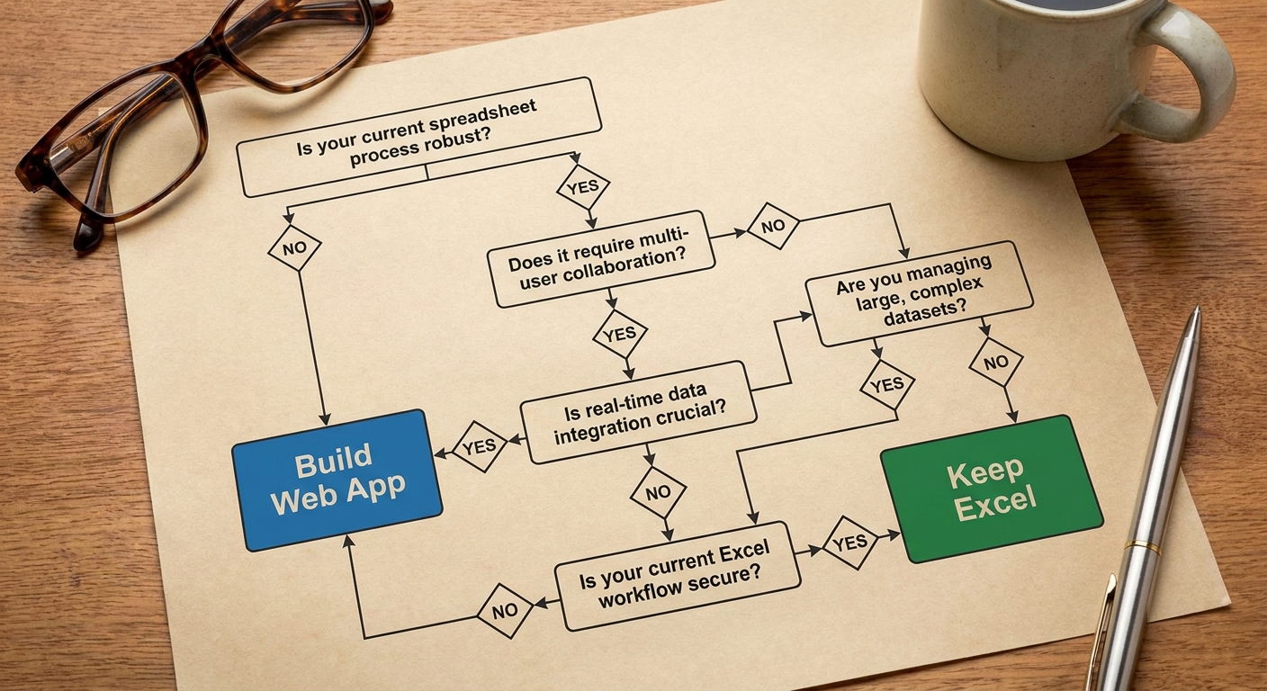 A decision flow chart for keeping Excel versus replacing it with a web application.