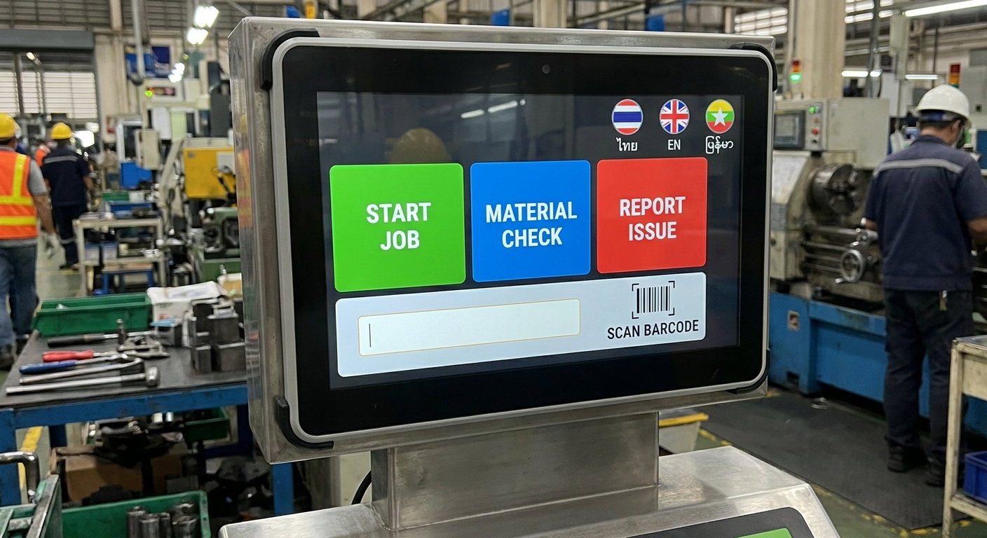 A shop-floor kiosk interface designed for rapid data entry and barcode scanning.