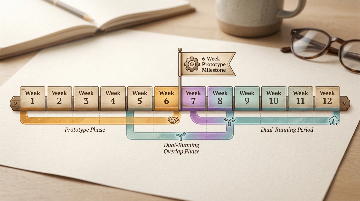 A 12-week migration timeline showing the prototype phase and dual-running period.