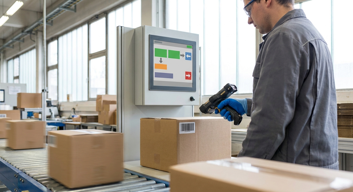 A gloved factory operator using a touchscreen kiosk and handheld scanner on a production line.