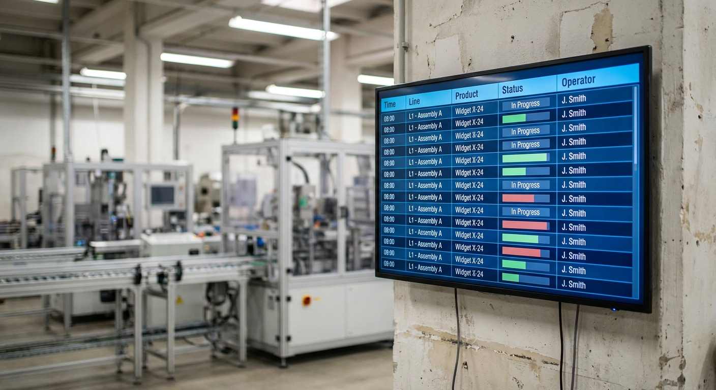 A printed production schedule attached to a factory wall with machinery in the background.