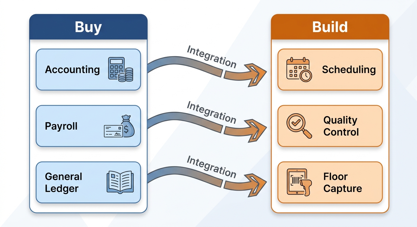 A diagram comparing standard back-office software with custom shop-floor tools.