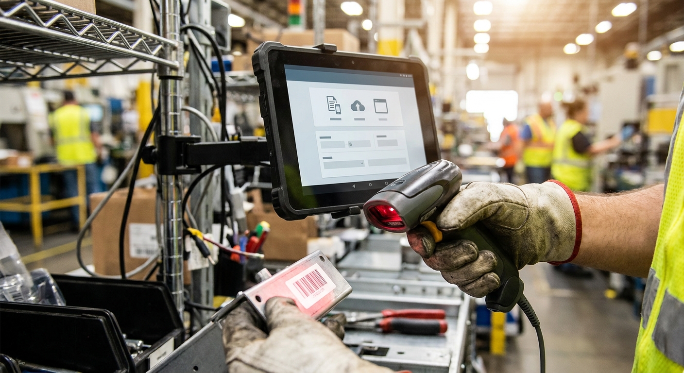 An operator using a mounted tablet and barcode scanner on a factory floor.