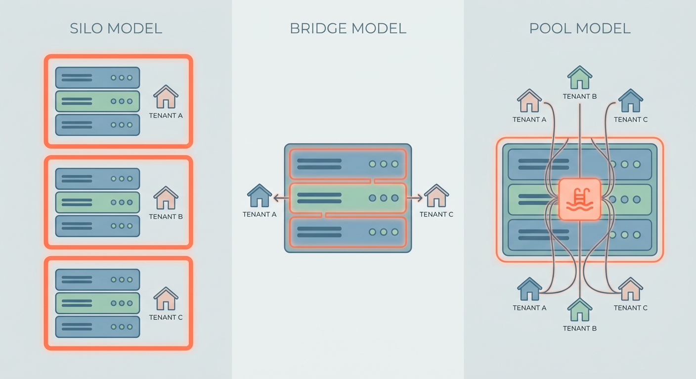 Diagram comparing database per tenant, schema per tenant and shared schema multi-tenant architectures.