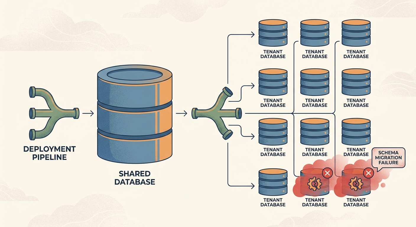 Illustration of a schema migration running against one shared database versus many tenant databases, with partial failures.