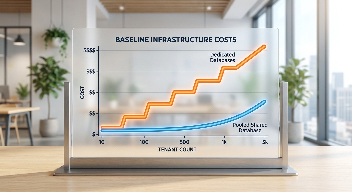 Chart showing baseline infrastructure cost rising with tenant count for dedicated databases compared with a pooled shared database.