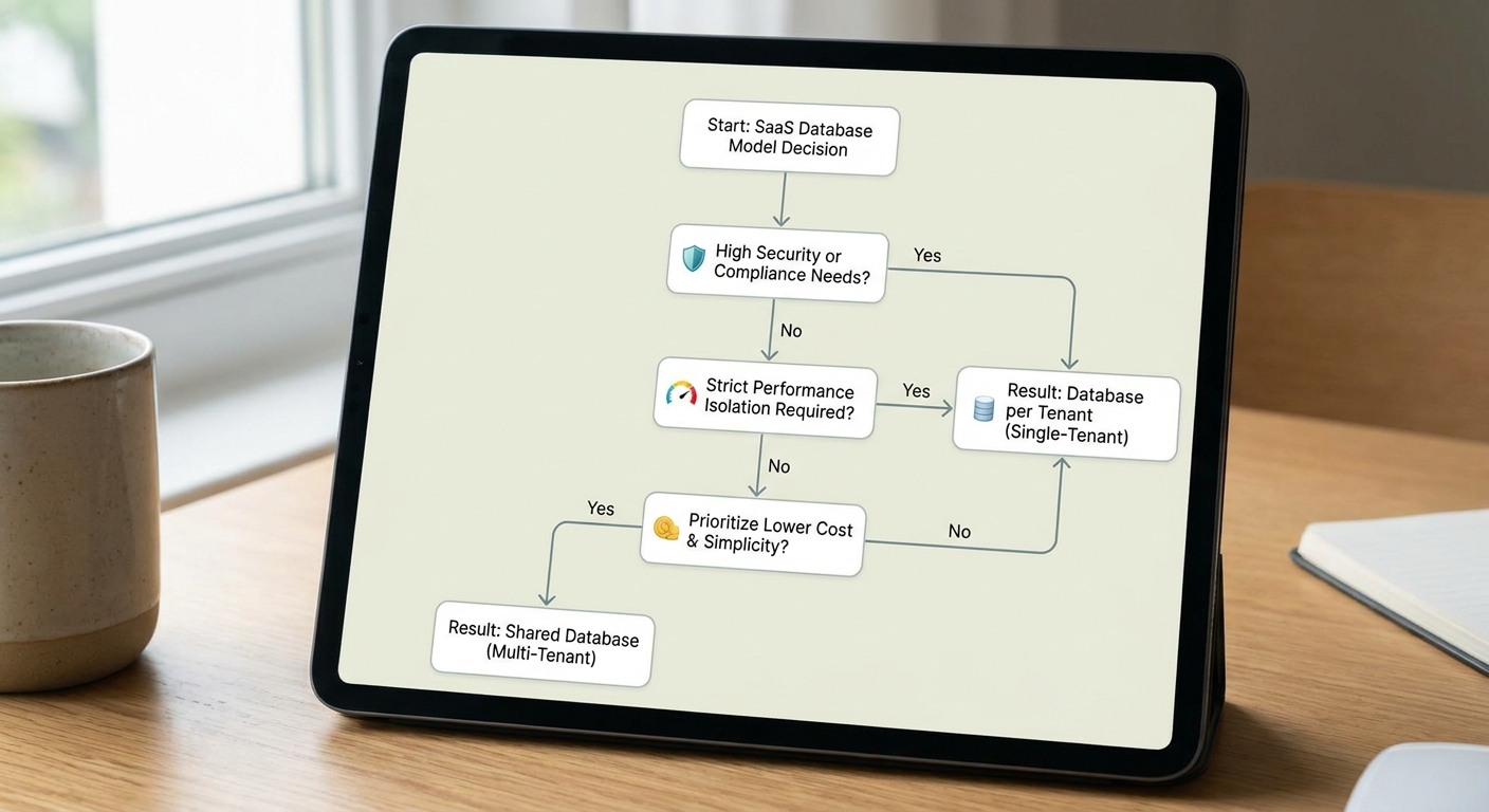 Decision flowchart for choosing between a shared database and a database per tenant in a SaaS product.